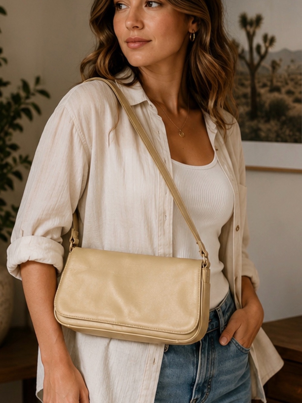 Gianni Bernini Genuine Leather Cream Baguette Shoulder‎ Bag Minimalist Y2K Purse